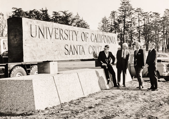 Installation of campus sign in 1966