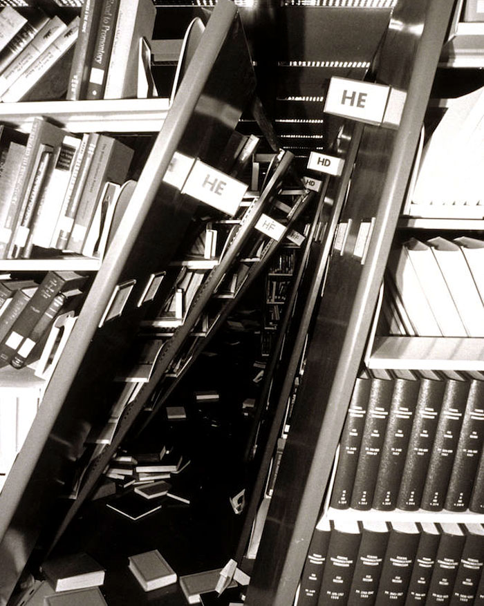 The library stacks at McHenry have toppled